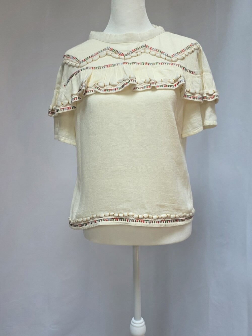 Raga Ivory Boho Cotton Embroidered Ruffle Tassel Tie Back Top Size Small